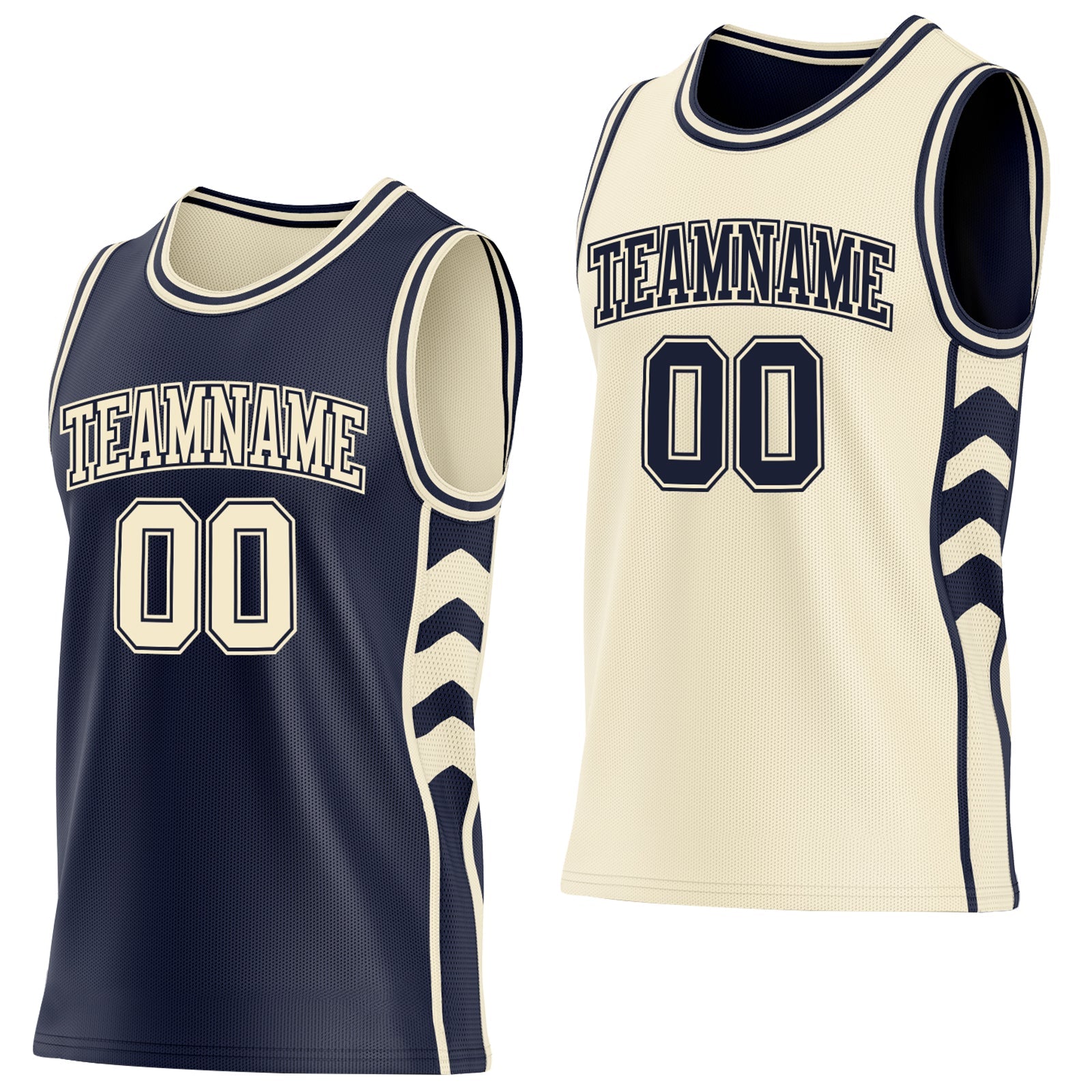 Custom Navy-Cream Side Panel Geometric Chevron Reversible Double Side Sublimation Basketball Set Jersey - Main View