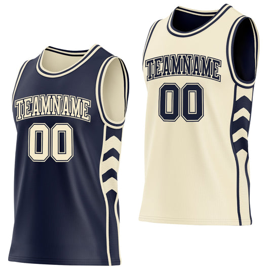Custom Navy-Cream Side Panel Geometric Chevron Reversible Double Side Sublimation Basketball Set Jersey - Main View