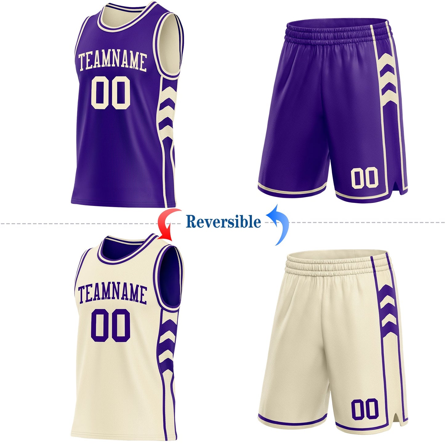 Custom Purple-Cream Side Panel Geometric Chevron Reversible Double Side Sublimation Basketball Set Jersey view 2