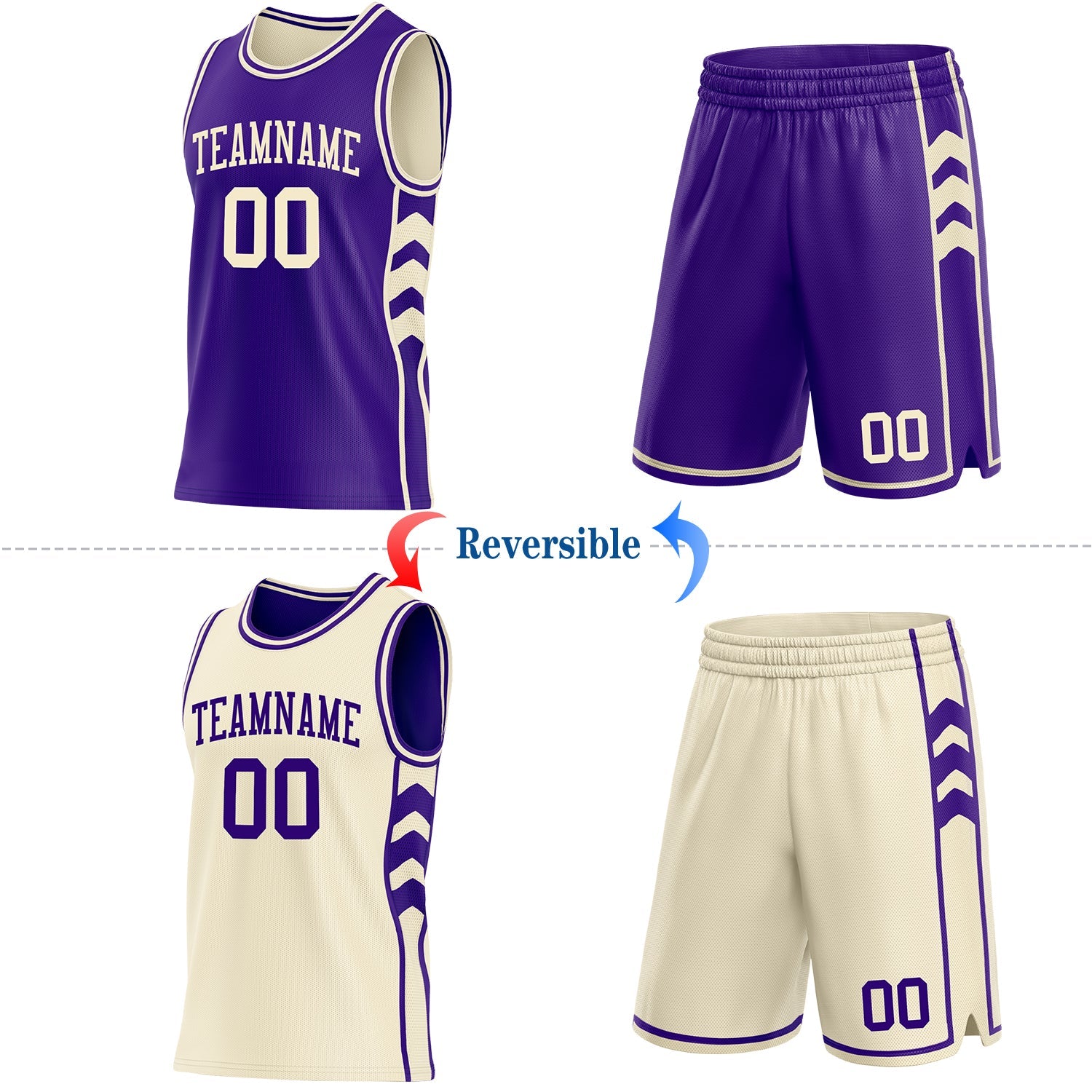 Custom Purple-Cream Side Panel Geometric Chevron Reversible Double Side Sublimation Basketball Set Jersey view 2