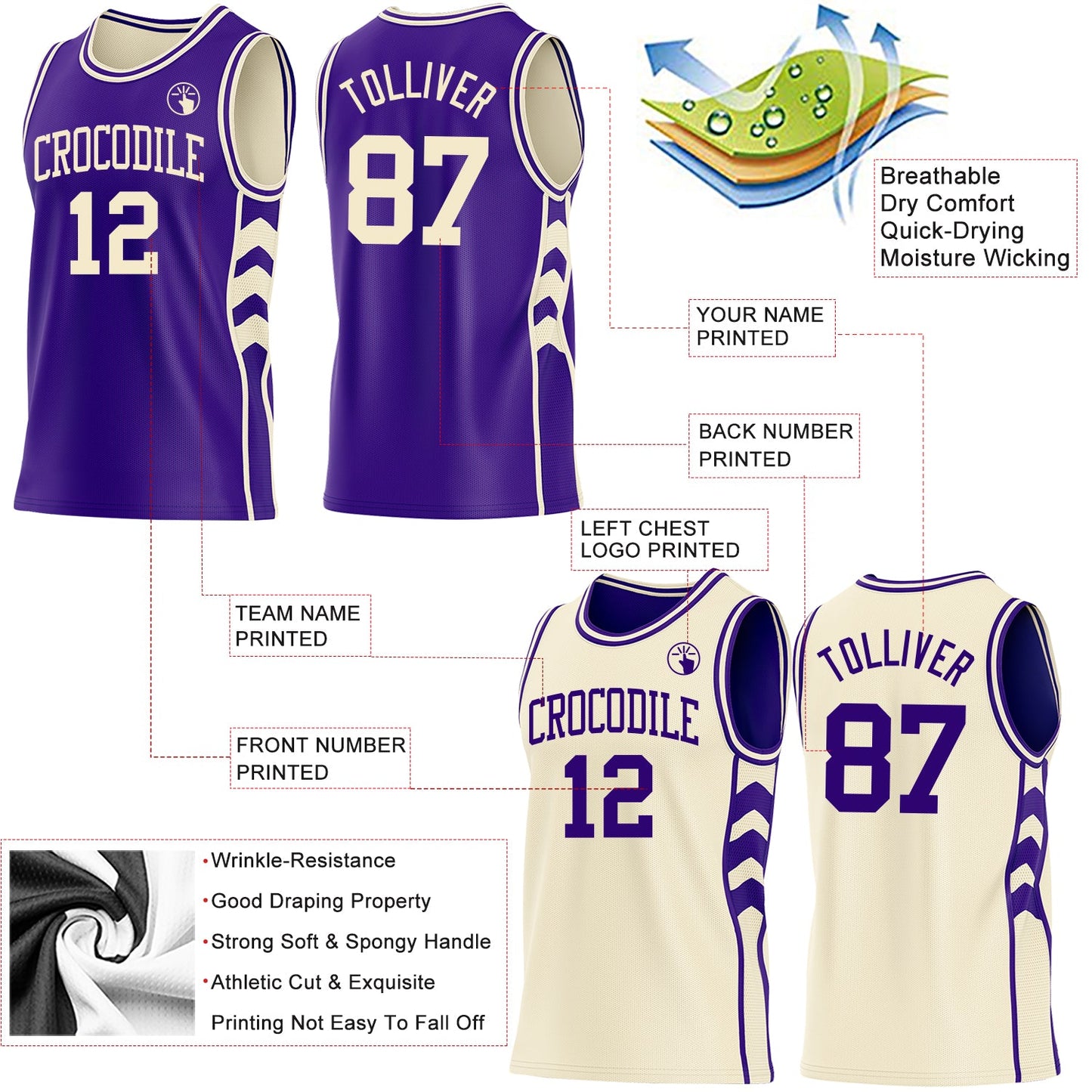 Custom Purple-Cream Side Panel Geometric Chevron Reversible Double Side Sublimation Basketball Set Jersey view 3