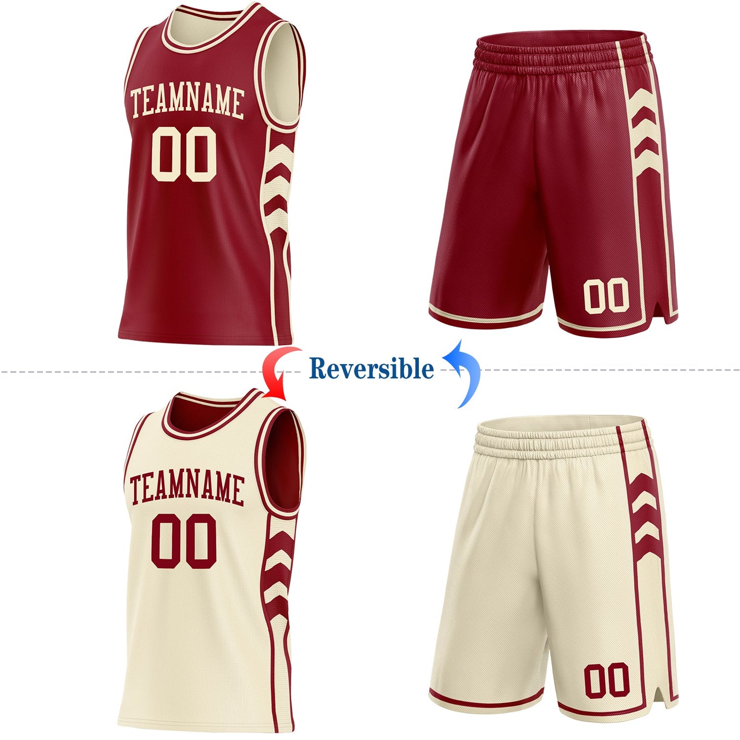 Custom Maroon-Cream Side Panel Geometric Chevron Reversible Double Side Sublimation Basketball Set Jersey view 2