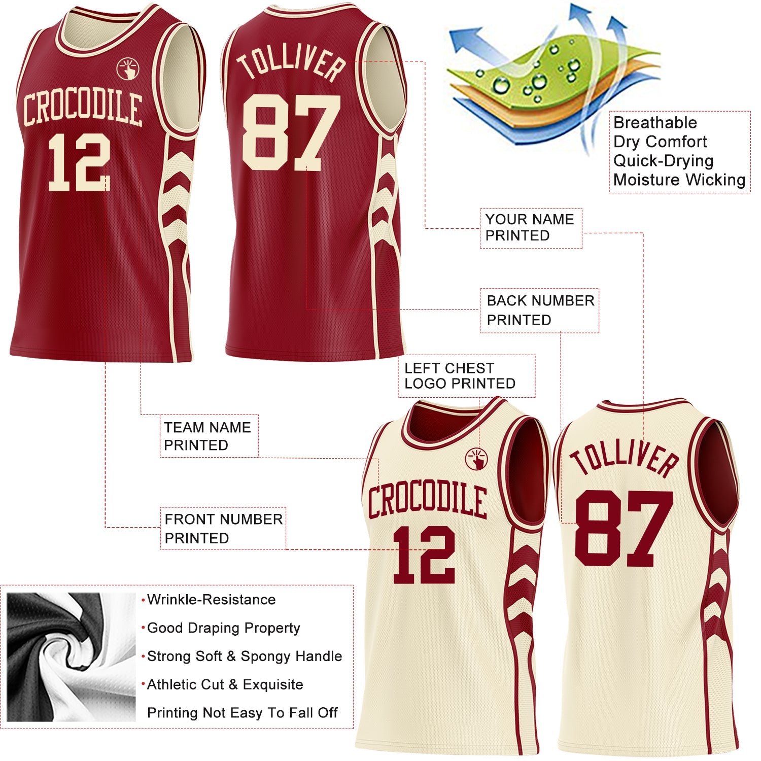Custom Maroon-Cream Side Panel Geometric Chevron Reversible Double Side Sublimation Basketball Set Jersey view 3