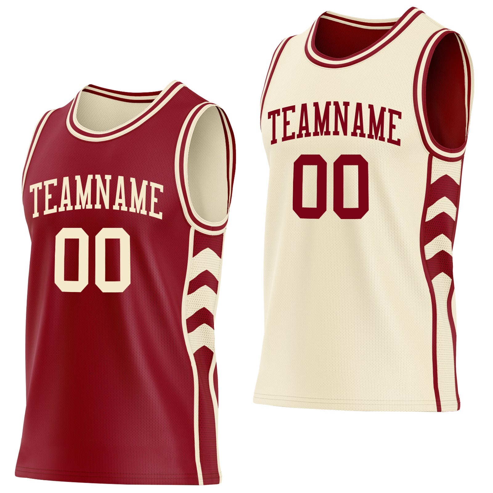 Custom Maroon-Cream Side Panel Geometric Chevron Reversible Double Side Sublimation Basketball Set Jersey - Main View
