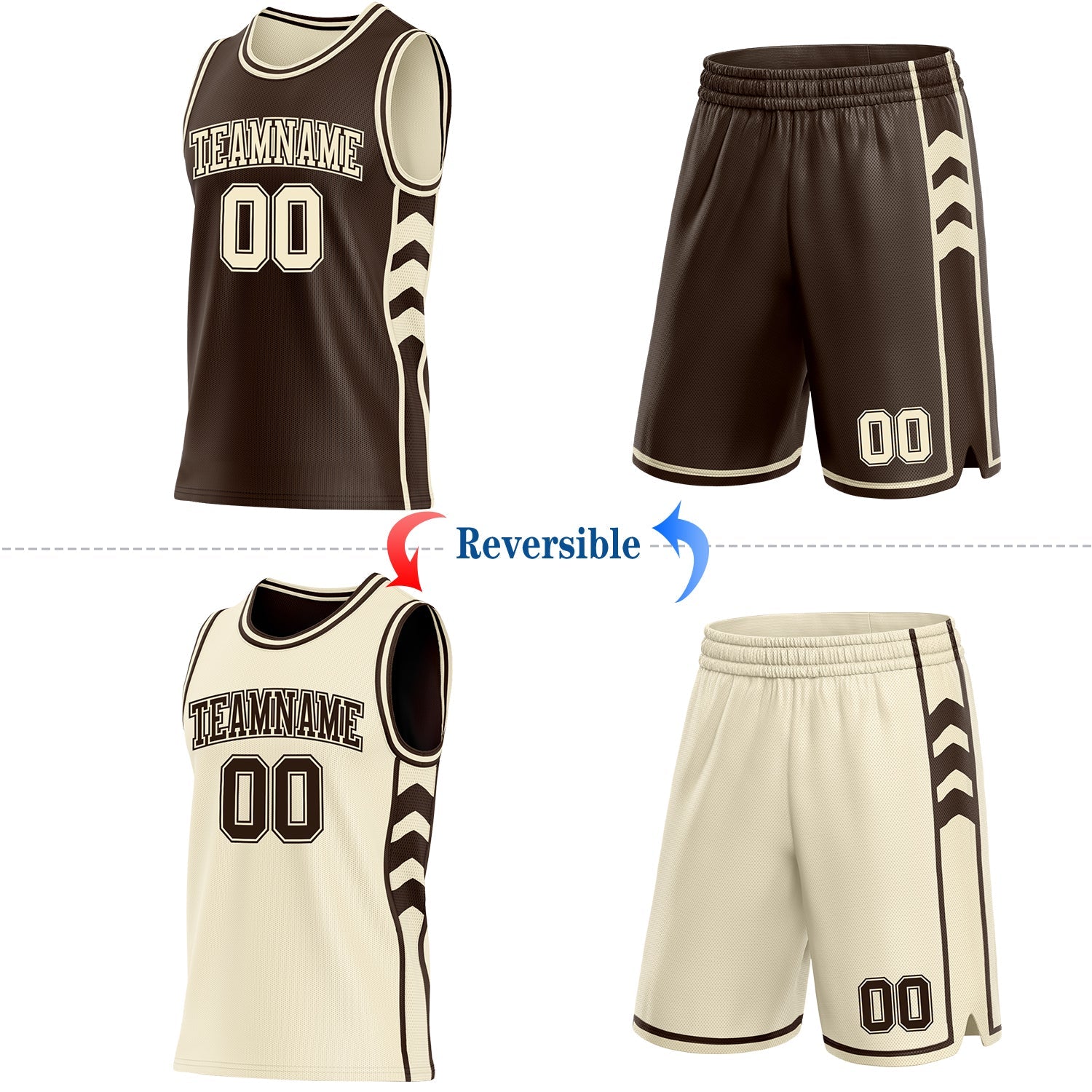 Custom Brown-Cream Side Panel Geometric Chevron Reversible Double Side Sublimation Basketball Set Jersey view 2
