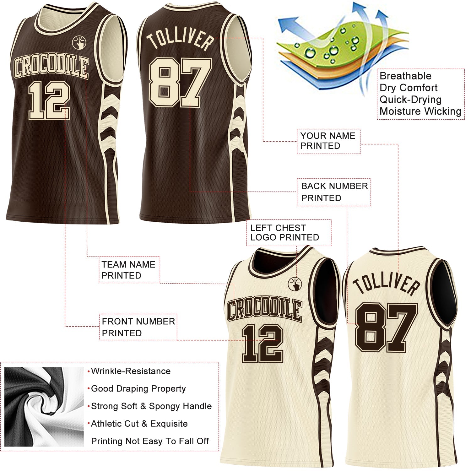 Custom Brown-Cream Side Panel Geometric Chevron Reversible Double Side Sublimation Basketball Set Jersey view 3