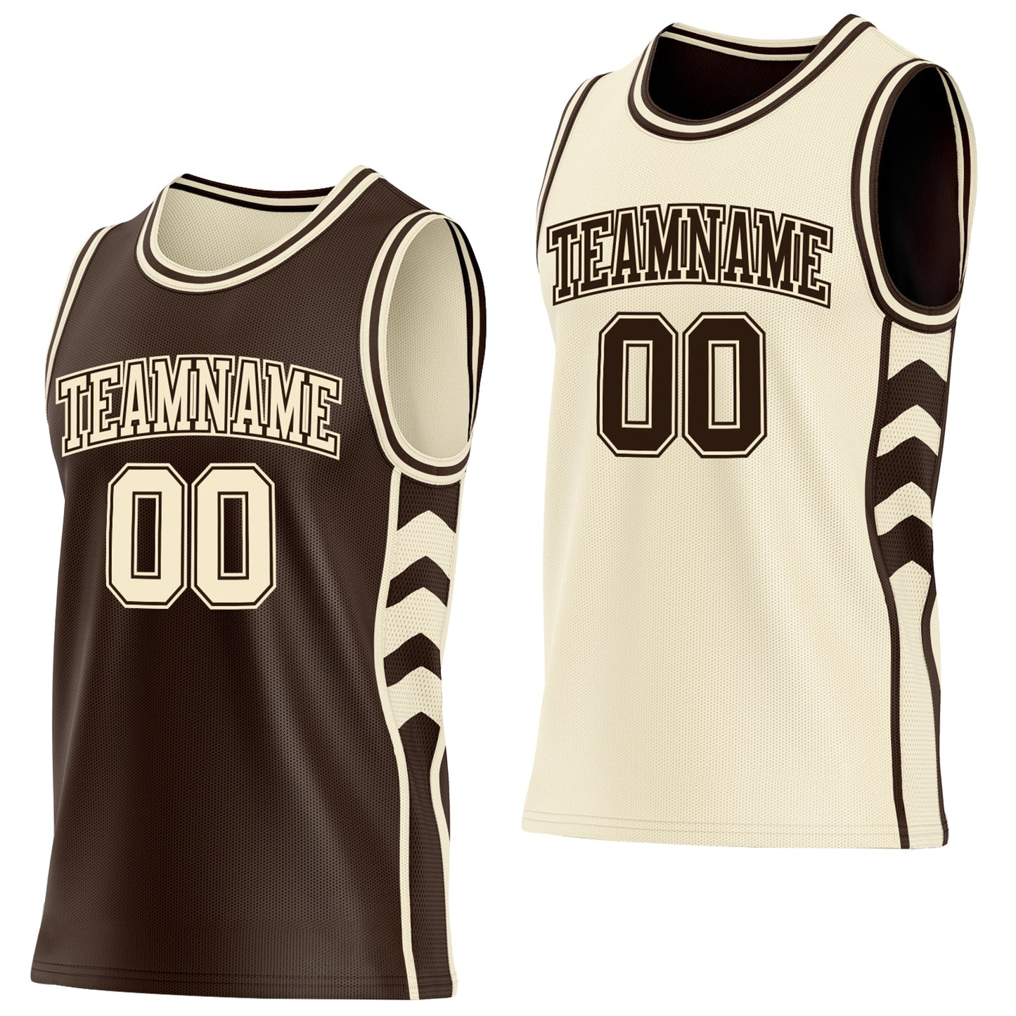 Custom Brown-Cream Side Panel Geometric Chevron Reversible Double Side Sublimation Basketball Set Jersey - Main View