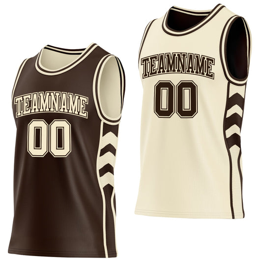 Custom Brown-Cream Side Panel Geometric Chevron Reversible Double Side Sublimation Basketball Set Jersey - Main View