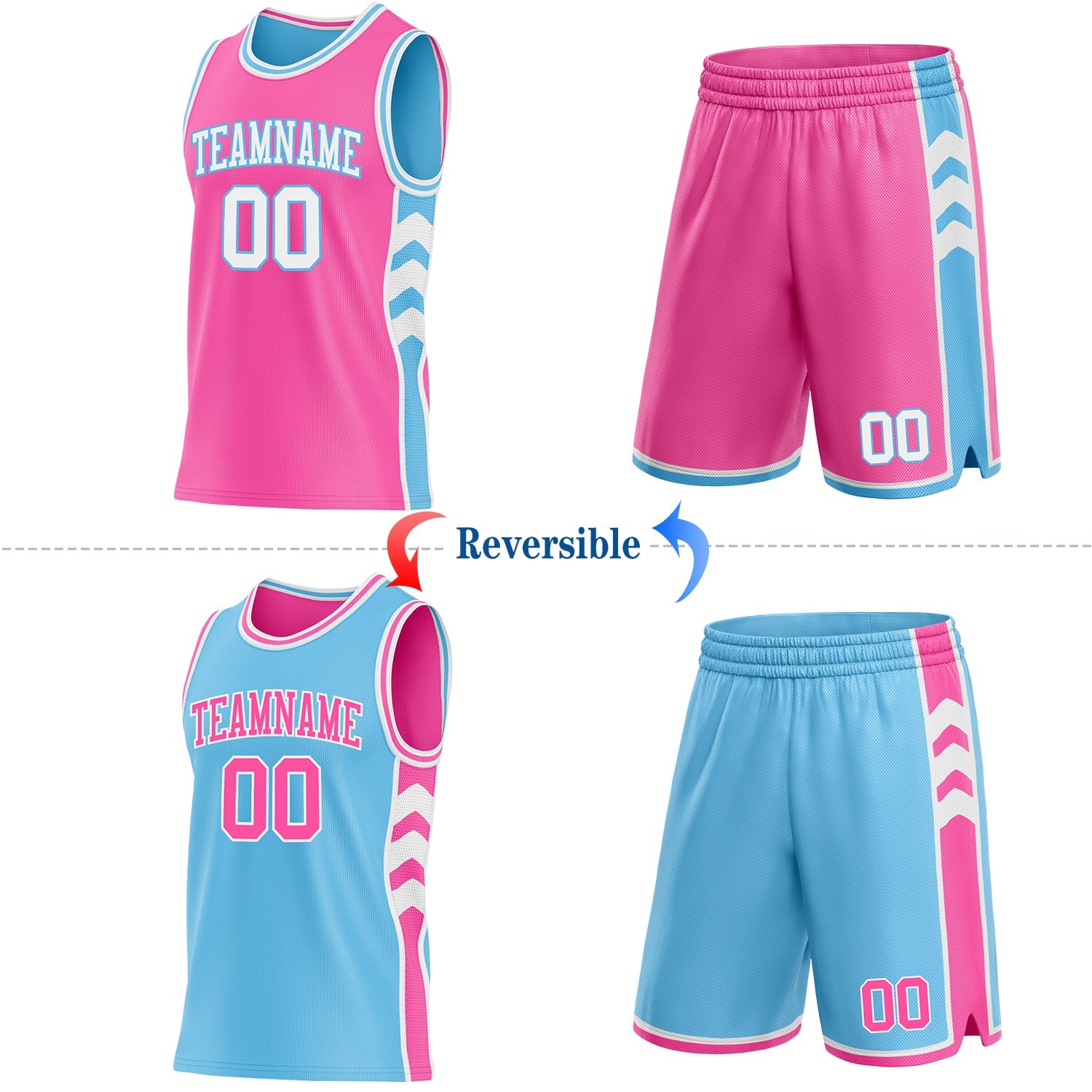 Custom Pink White-Sky Blue Side Panel Geometric Chevron Reversible Double Side Sublimation Basketball Set Jersey view 2