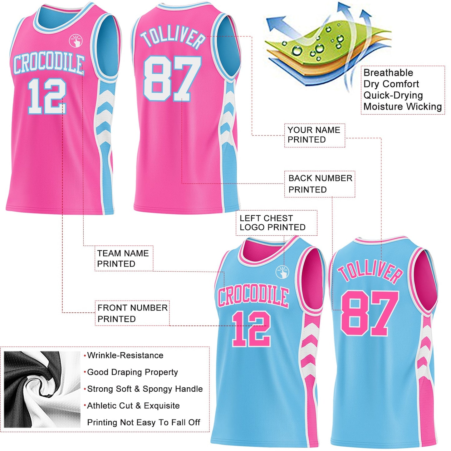 Custom Pink White-Sky Blue Side Panel Geometric Chevron Reversible Double Side Sublimation Basketball Set Jersey view 3