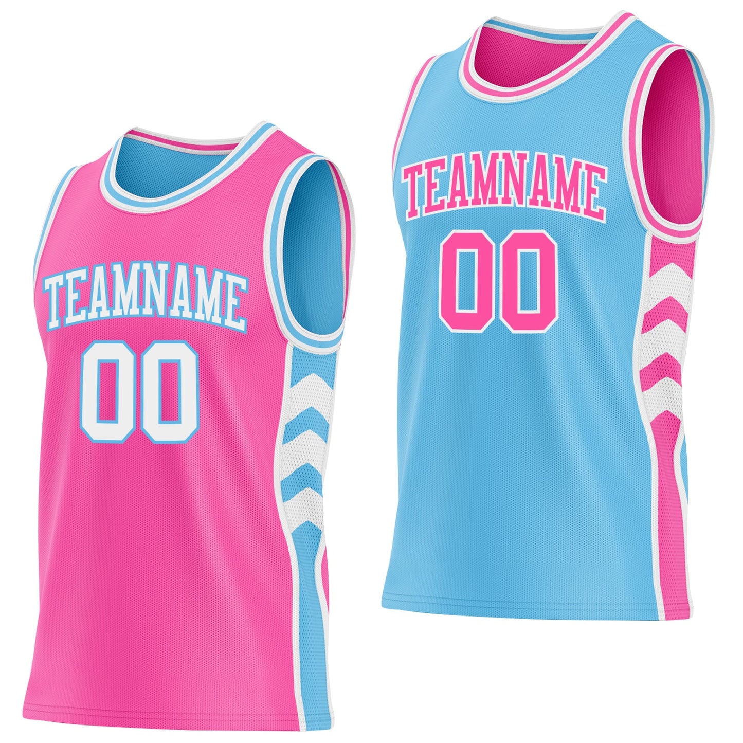 Custom Pink White-Sky Blue Side Panel Geometric Chevron Reversible Double Side Sublimation Basketball Set Jersey - Main View