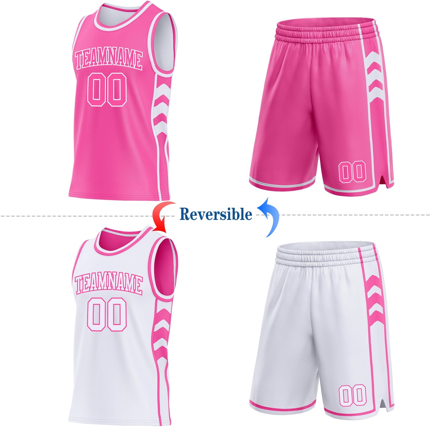Custom Pink-White Side Panel Geometric Chevron Reversible Double Side Sublimation Basketball Set Jersey view 2