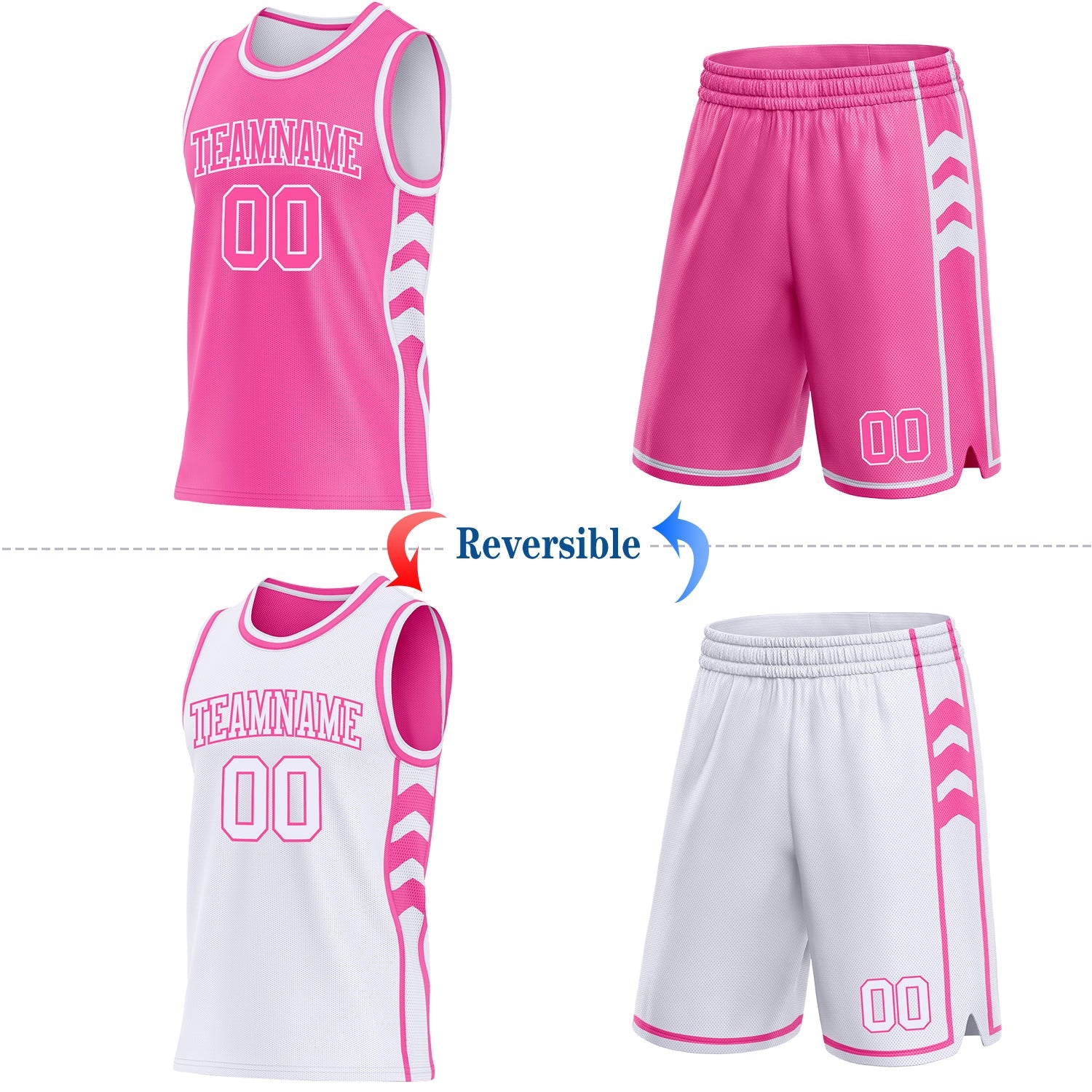 Custom Pink-White Side Panel Geometric Chevron Reversible Double Side Sublimation Basketball Set Jersey view 2