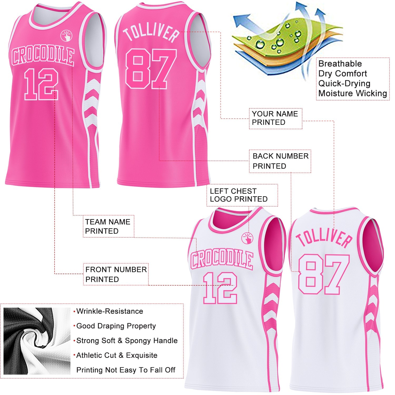 Custom Pink-White Side Panel Geometric Chevron Reversible Double Side Sublimation Basketball Set Jersey view 3
