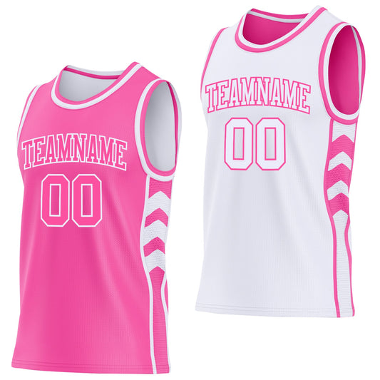 Custom Pink-White Side Panel Geometric Chevron Reversible Double Side Sublimation Basketball Set Jersey - Main View
