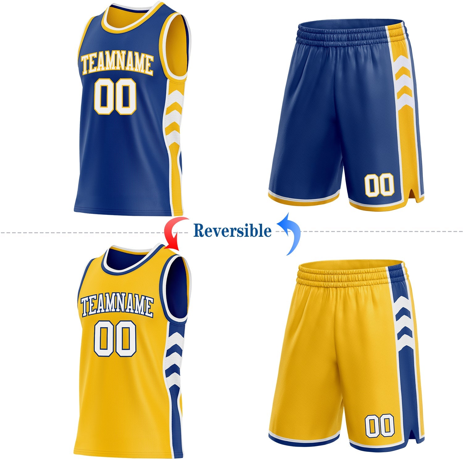 Custom Royal White-Gold Side Panel Geometric Chevron Reversible Double Side Sublimation Basketball Set Jersey view 2