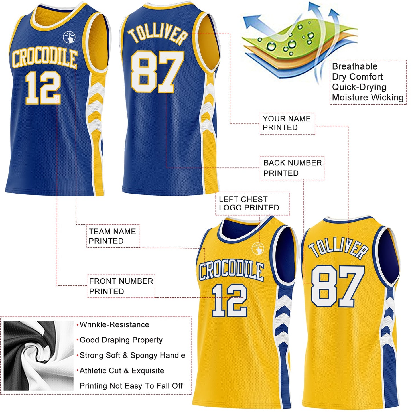 Custom Royal White-Gold Side Panel Geometric Chevron Reversible Double Side Sublimation Basketball Set Jersey view 3