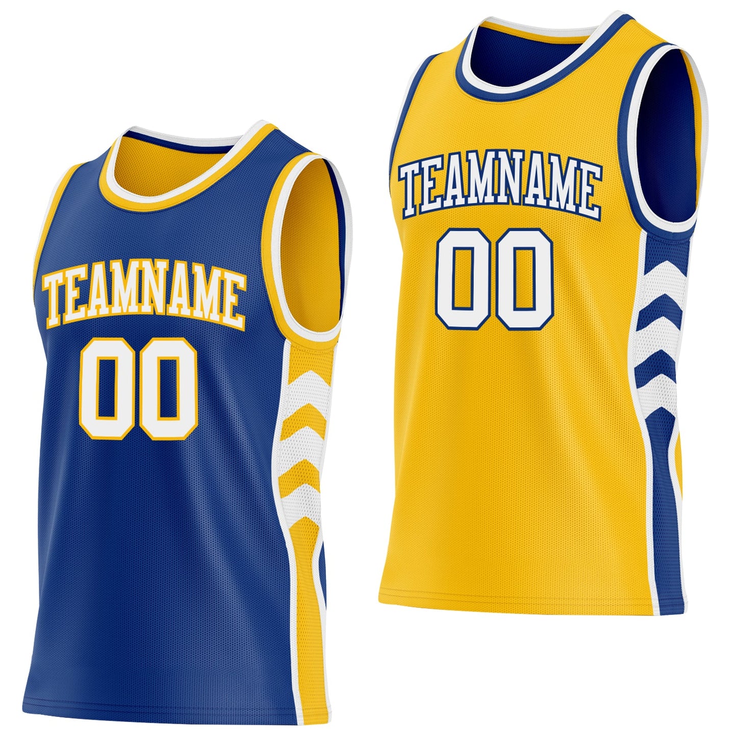 Custom Royal White-Gold Side Panel Geometric Chevron Reversible Double Side Sublimation Basketball Set Jersey - Main View