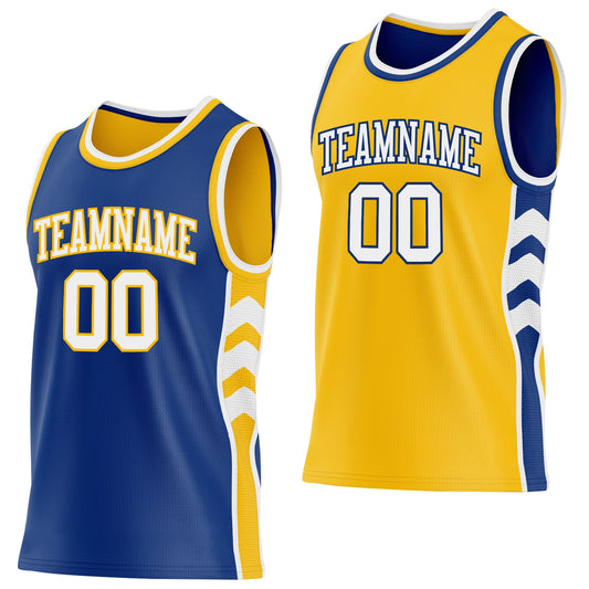 Custom Royal White-Gold Side Panel Geometric Chevron Reversible Double Side Sublimation Basketball Set Jersey - Main View