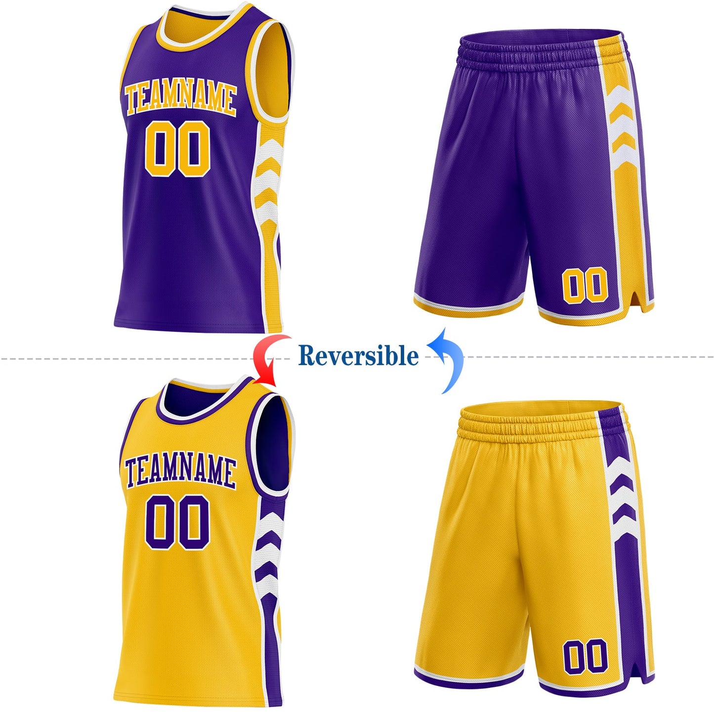 Custom Purple Gold-White Side Panel Geometric Chevron Reversible Double Side Sublimation Basketball Set Jersey view 2