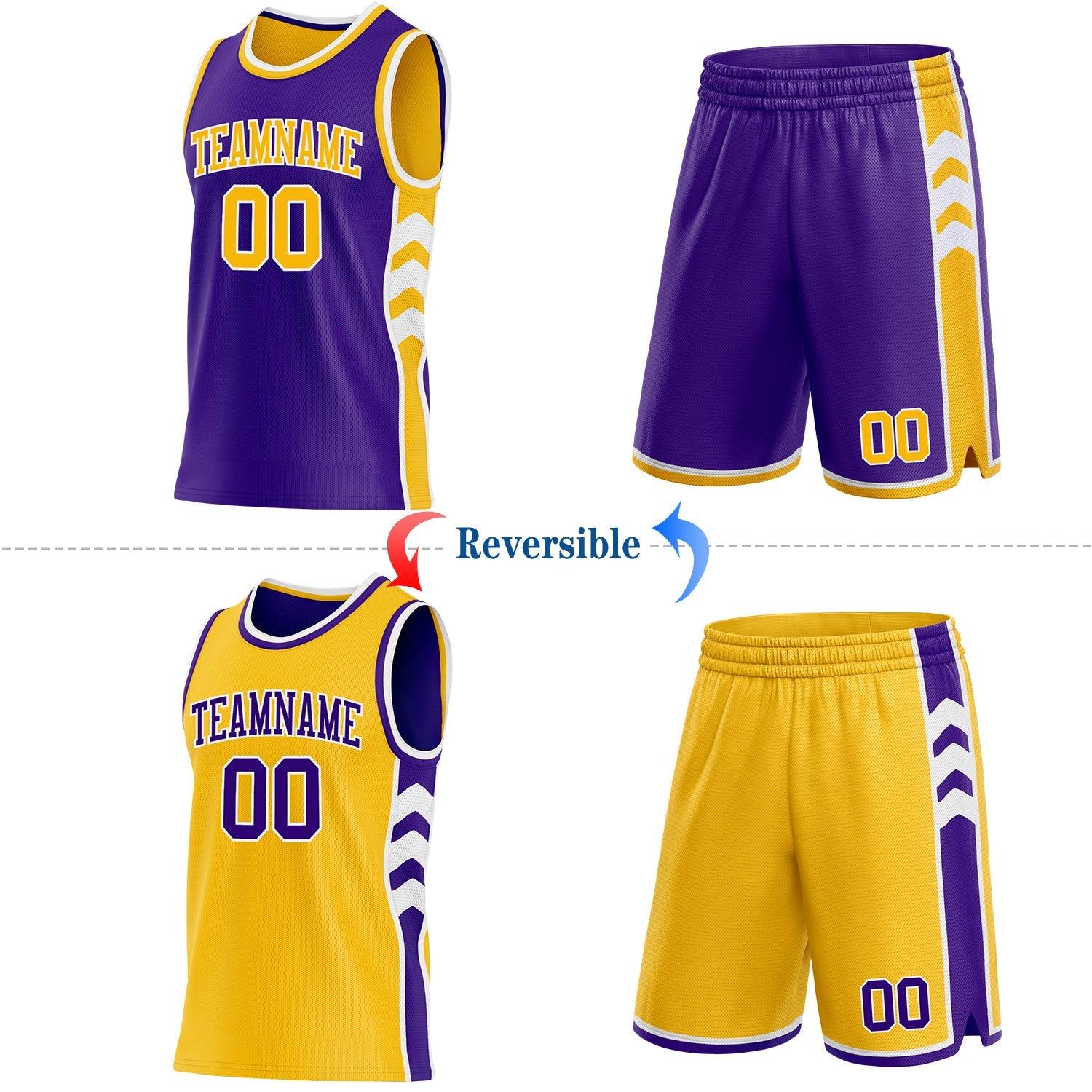 Custom Purple Gold-White Side Panel Geometric Chevron Reversible Double Side Sublimation Basketball Set Jersey view 2