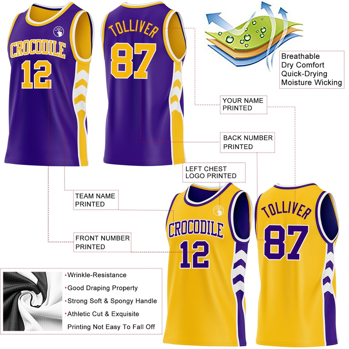 Custom Purple Gold-White Side Panel Geometric Chevron Reversible Double Side Sublimation Basketball Set Jersey view 3