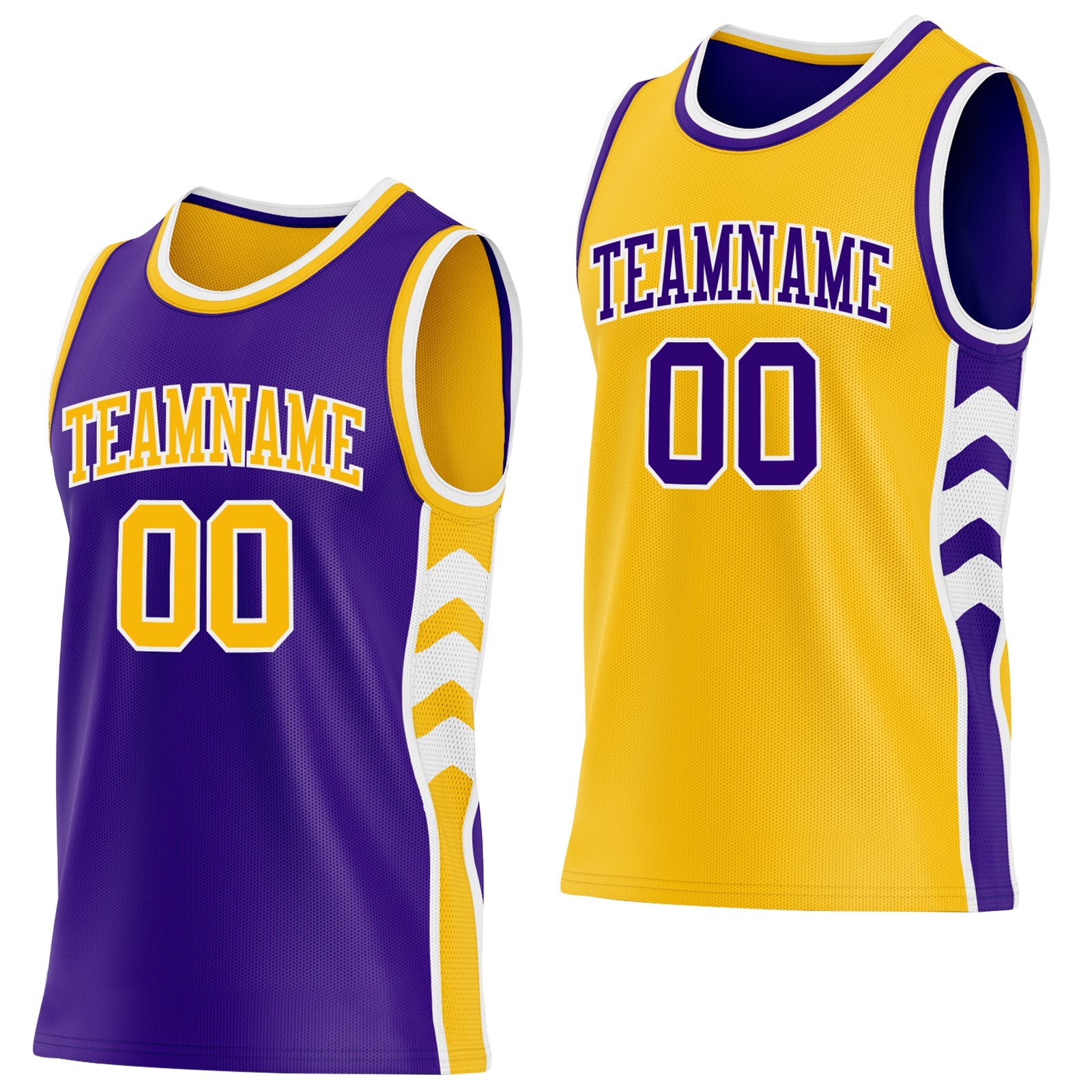 Custom Purple Gold-White Side Panel Geometric Chevron Reversible Double Side Sublimation Basketball Set Jersey - Main View