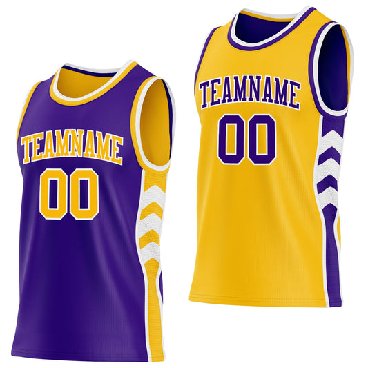 Custom Purple Gold-White Side Panel Geometric Chevron Reversible Double Side Sublimation Basketball Set Jersey - Main View
