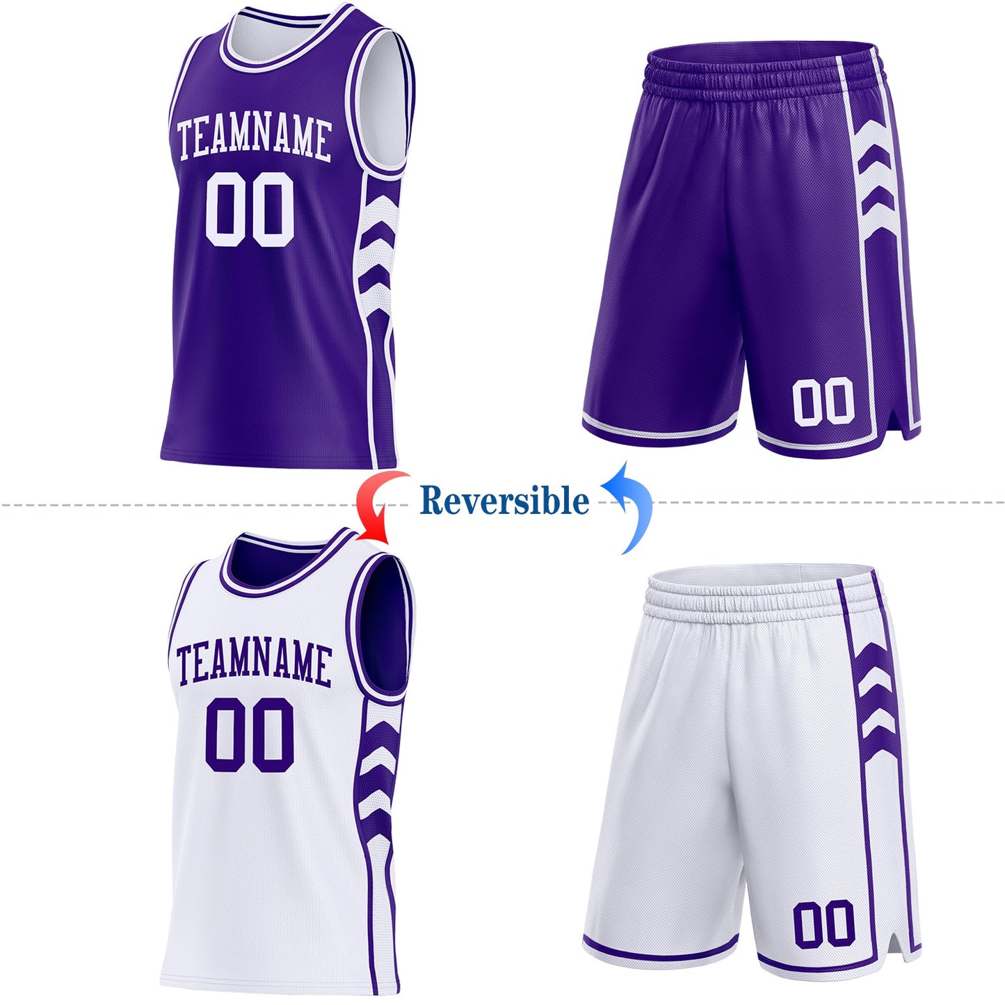 Custom Purple-White Side Panel Geometric Chevron Reversible Double Side Sublimation Basketball Set Jersey view 2