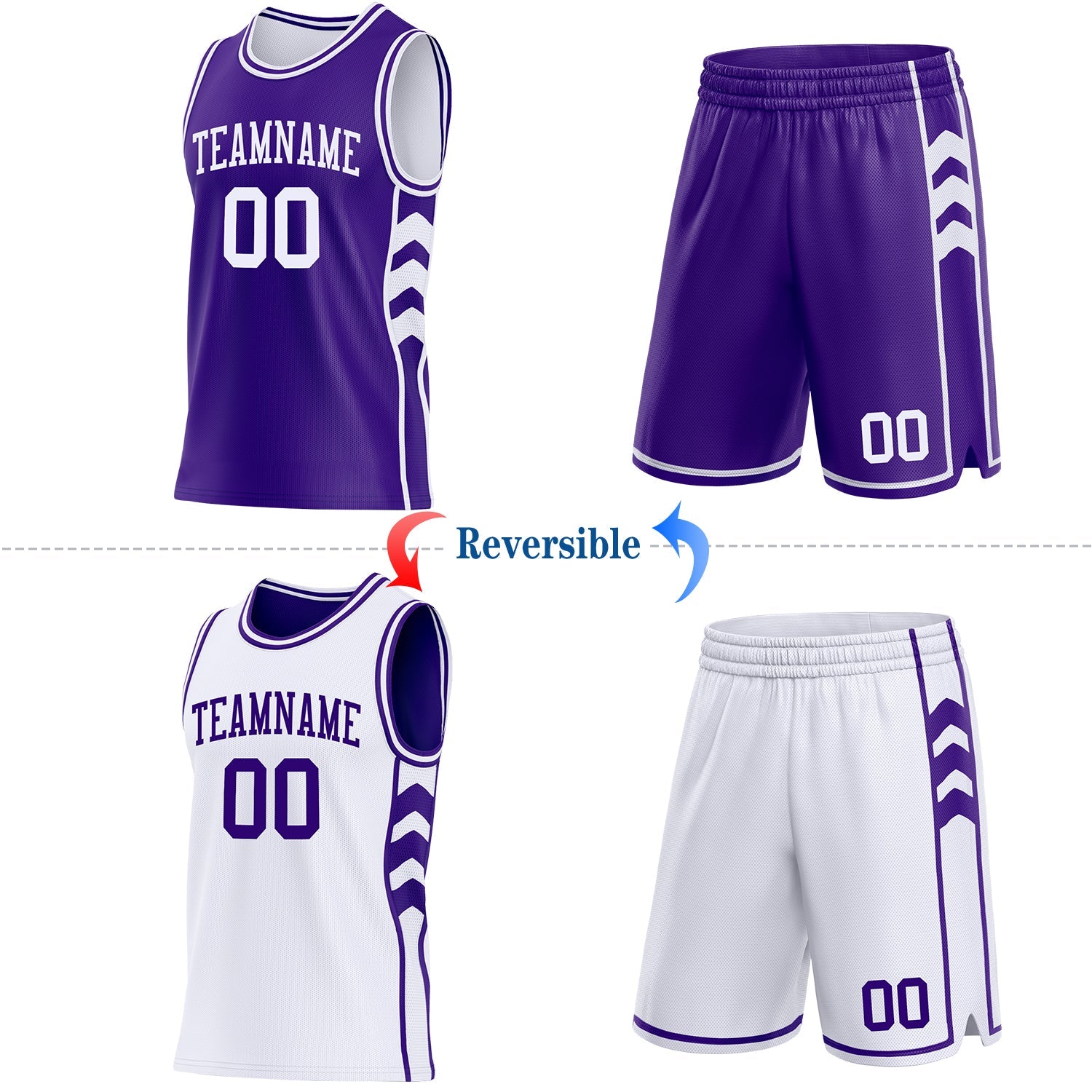Custom Purple-White Side Panel Geometric Chevron Reversible Double Side Sublimation Basketball Set Jersey view 2