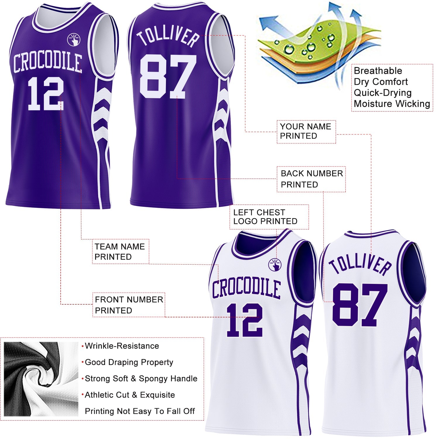 Custom Purple-White Side Panel Geometric Chevron Reversible Double Side Sublimation Basketball Set Jersey view 3
