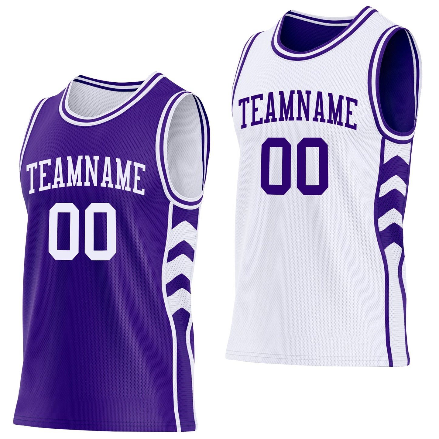 Custom Purple-White Side Panel Geometric Chevron Reversible Double Side Sublimation Basketball Set Jersey - Main View