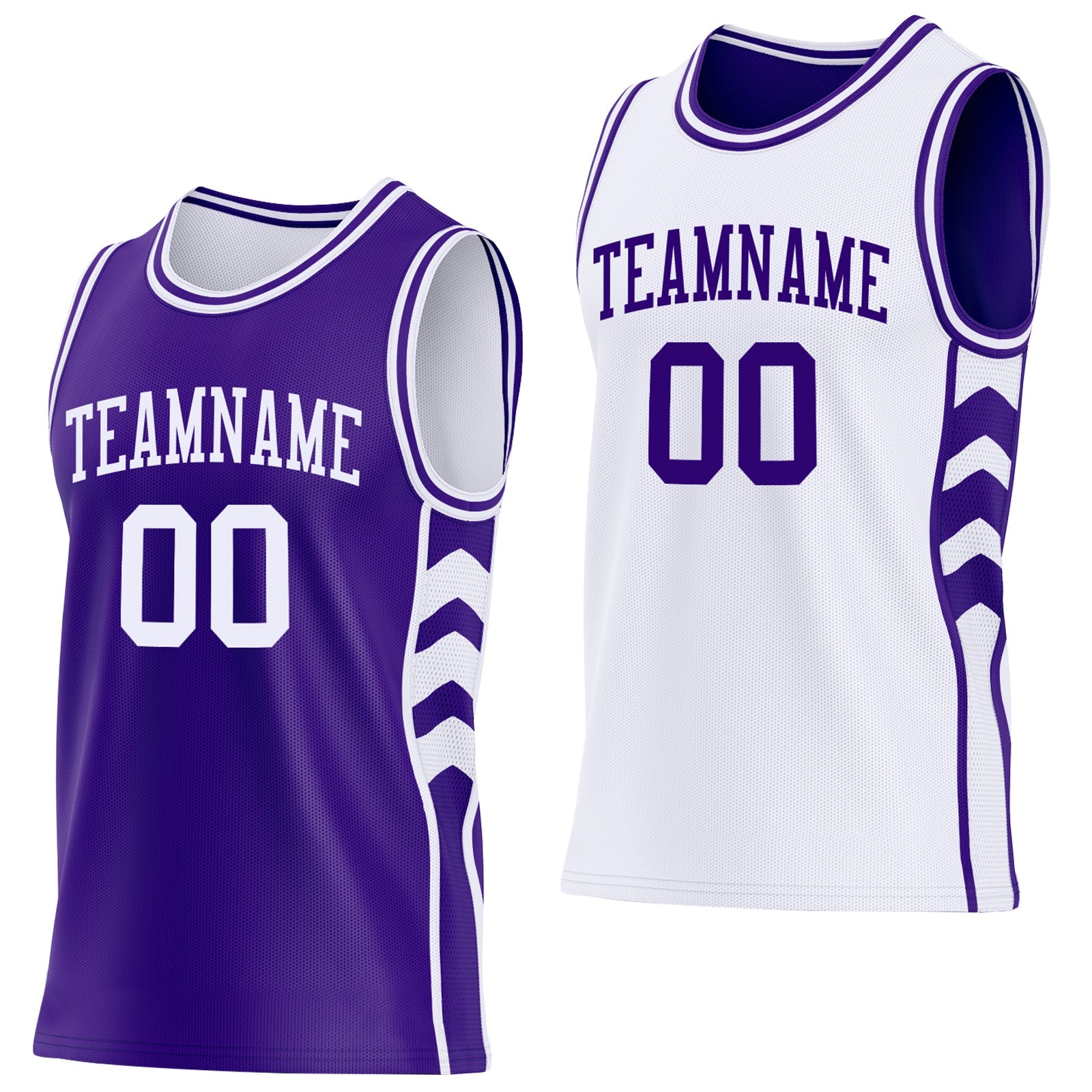 Custom Purple-White Side Panel Geometric Chevron Reversible Double Side Sublimation Basketball Set Jersey - Main View