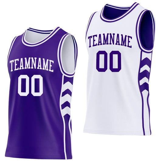 Custom Purple-White Side Panel Geometric Chevron Reversible Double Side Sublimation Basketball Set Jersey - Main View