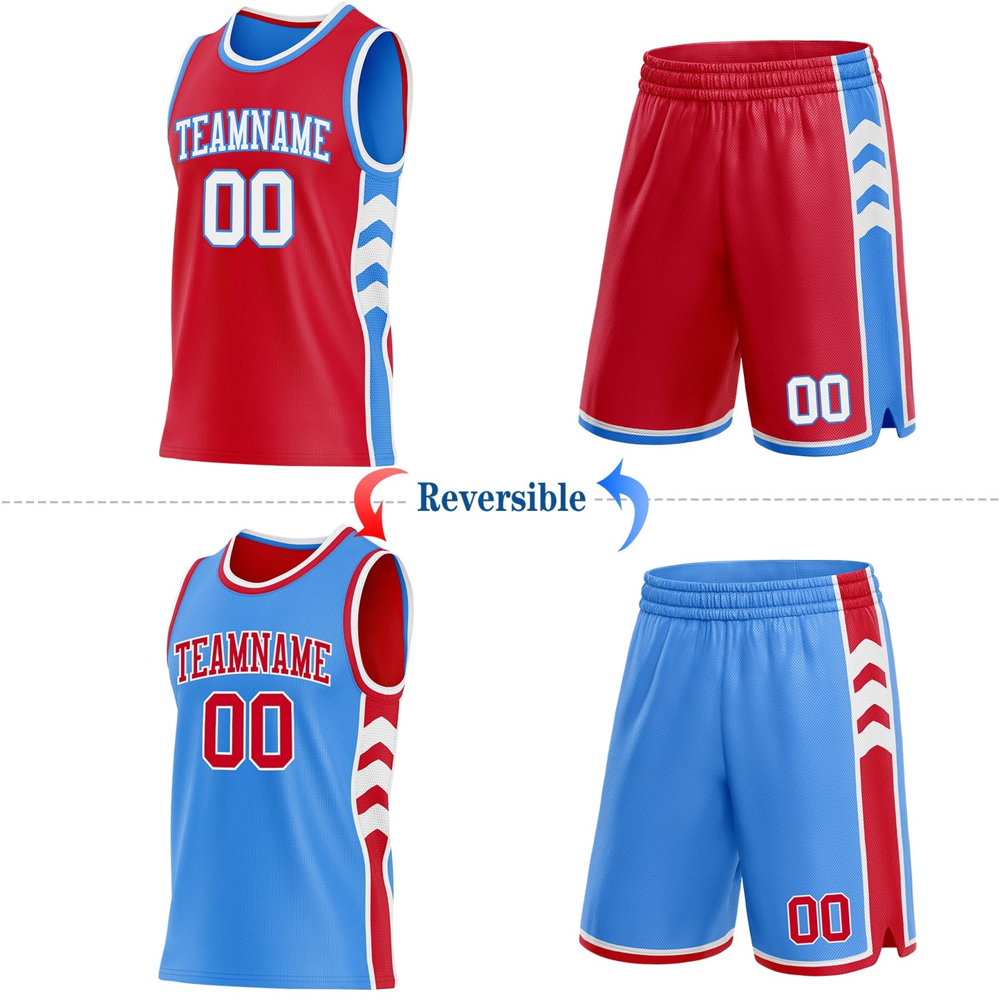 Custom Red White-Powder Blue Side Panel Geometric Chevron Reversible Double Side Sublimation Basketball Set Jersey view 2