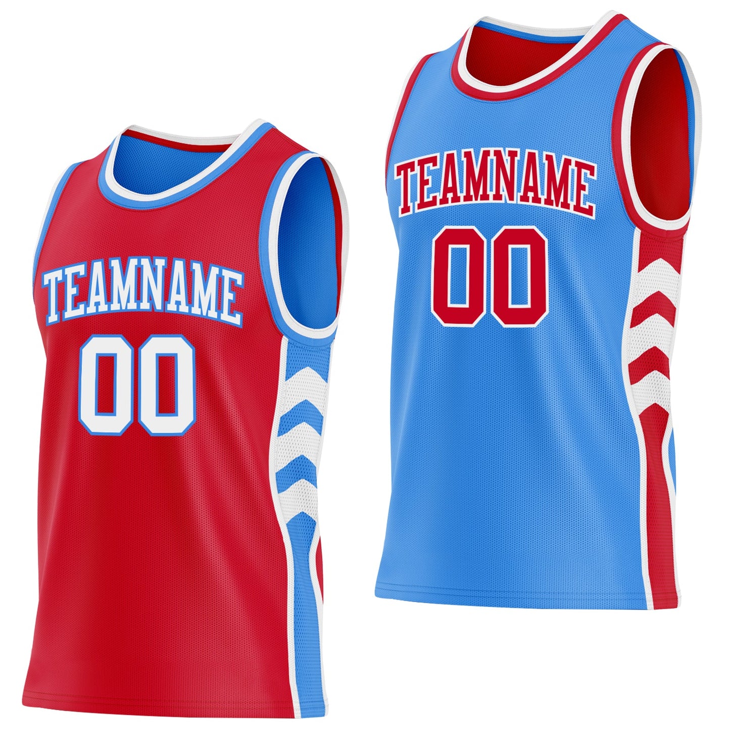 Custom Red White-Powder Blue Side Panel Geometric Chevron Reversible Double Side Sublimation Basketball Set Jersey - Main View