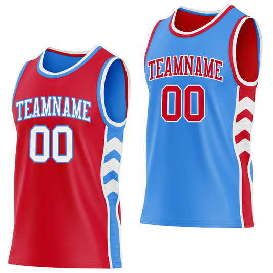 Custom Red White-Powder Blue Side Panel Geometric Chevron Reversible Double Side Sublimation Basketball Set Jersey - Main View