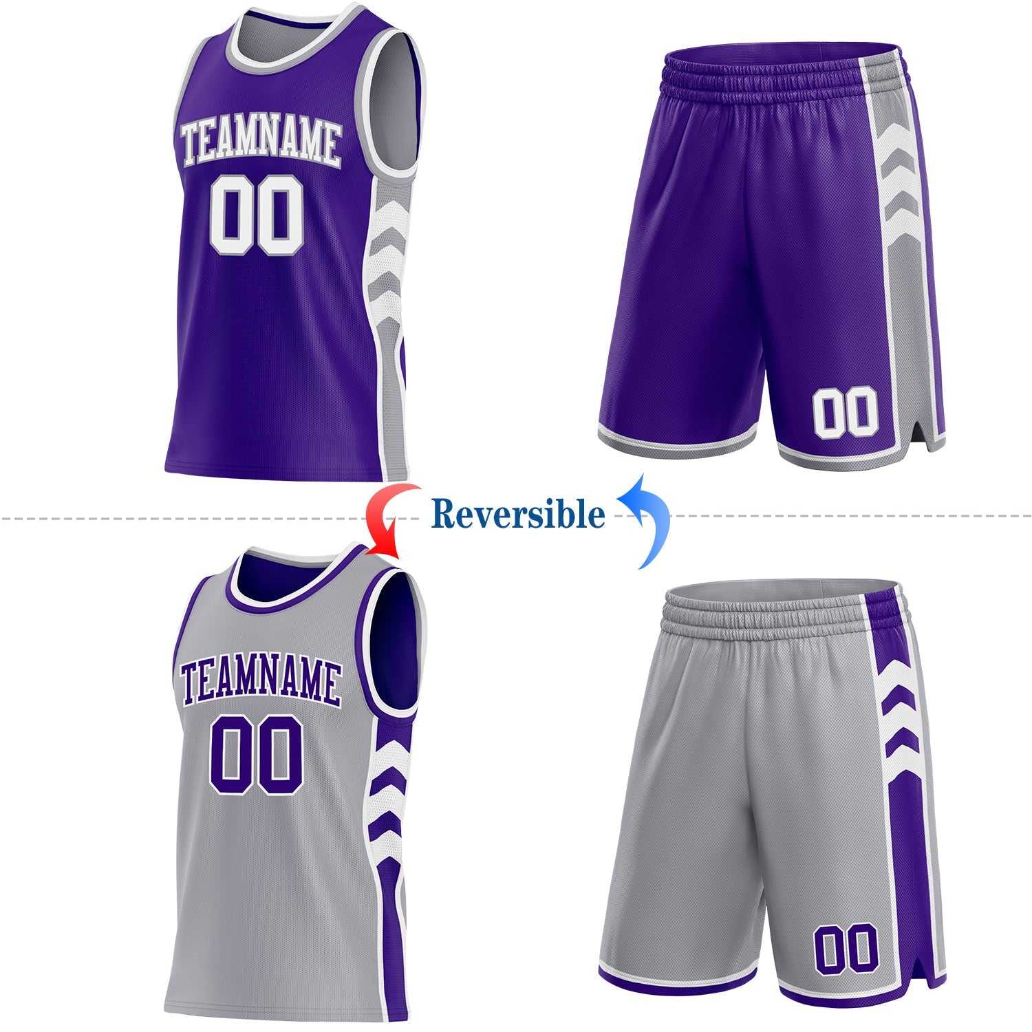 Custom Purple White-Gray Side Panel Geometric Chevron Reversible Double Side Sublimation Basketball Set Jersey view 2