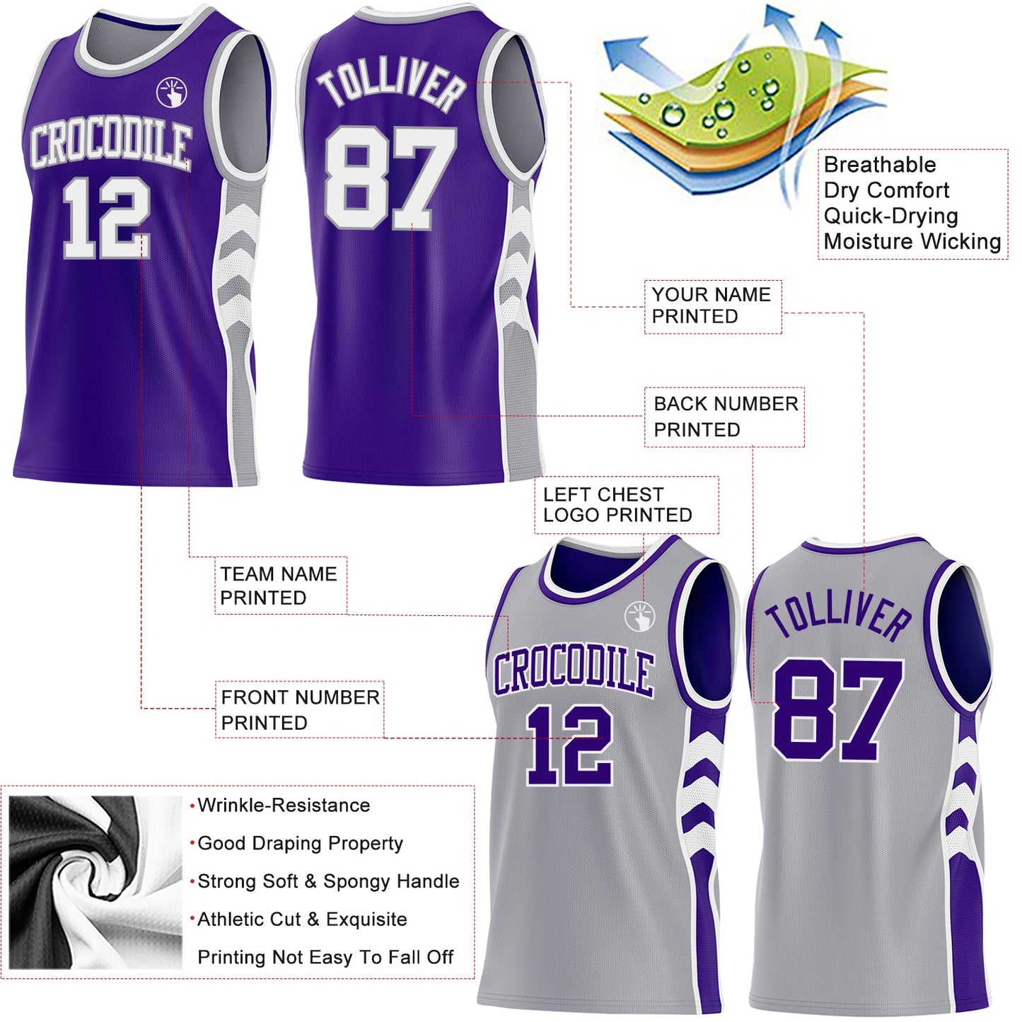 Custom Purple White-Gray Side Panel Geometric Chevron Reversible Double Side Sublimation Basketball Set Jersey view 3