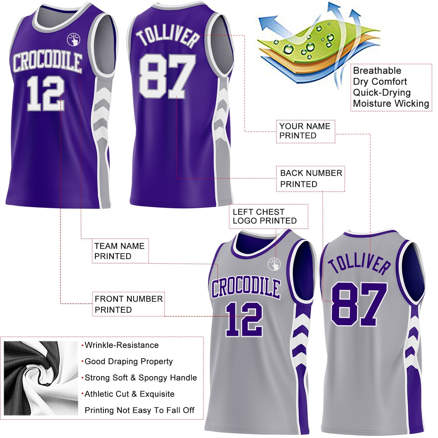 Custom Purple White-Gray Side Panel Geometric Chevron Reversible Double Side Sublimation Basketball Set Jersey view 3