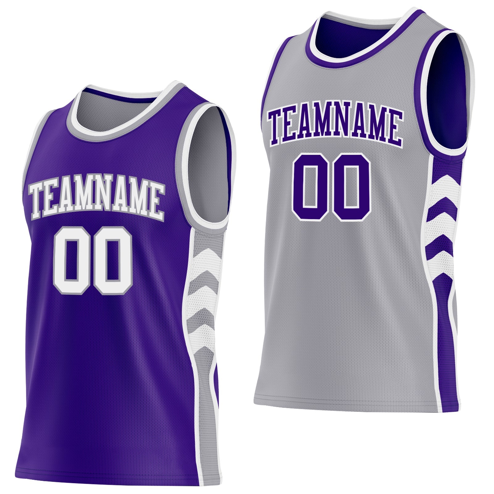 Custom Purple White-Gray Side Panel Geometric Chevron Reversible Double Side Sublimation Basketball Set Jersey - Main View