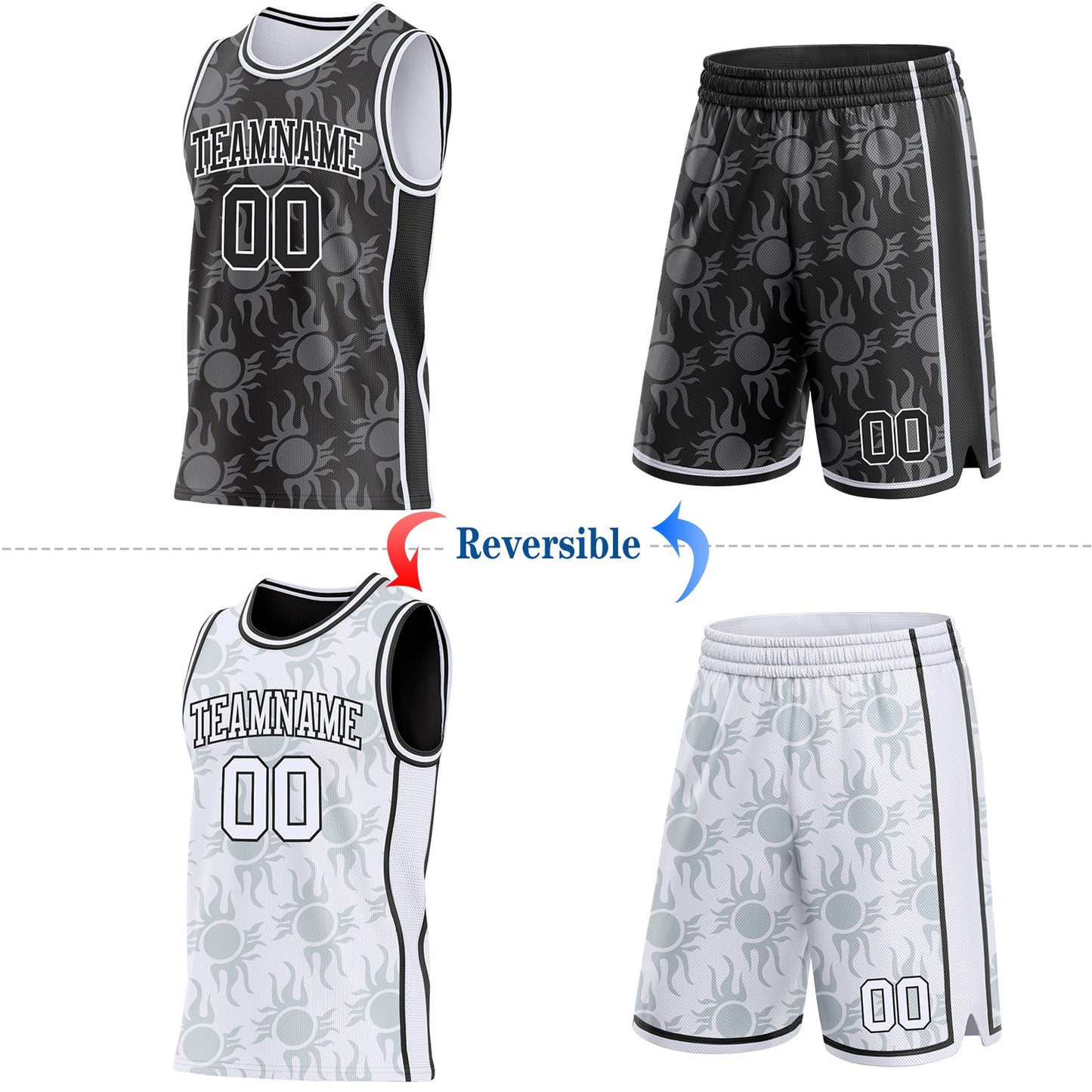 Custom Black-White Side Panel Stripe Sun Flame Reversible Double Side Sublimation Basketball Set Jersey view 2