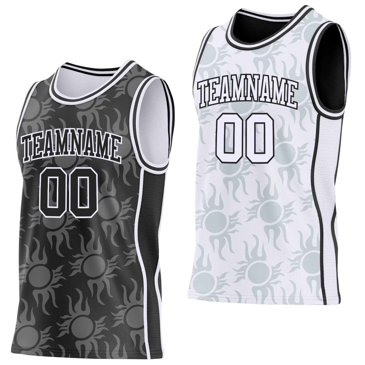 Custom Black-White Side Panel Stripe Sun Flame Reversible Double Side Sublimation Basketball Set Jersey - Main View