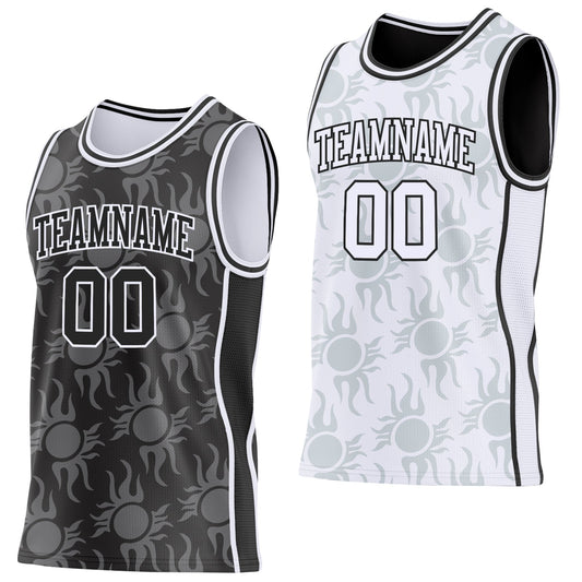 Custom Black-White Side Panel Stripe Sun Flame Reversible Double Side Sublimation Basketball Set Jersey - Main View