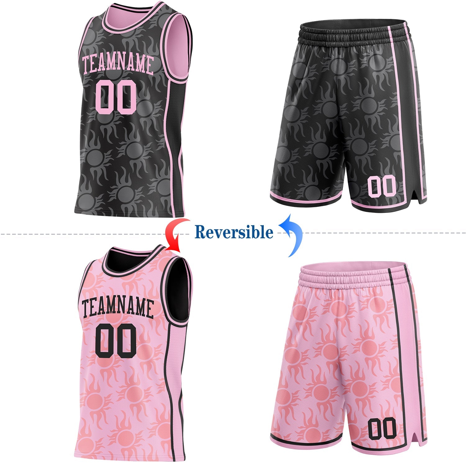 Custom Black-Light Pink Side Panel Stripe Sun Flame Reversible Double Side Sublimation Basketball Set Jersey view 2