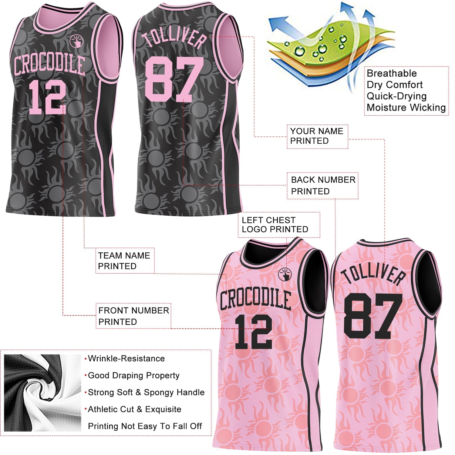 Custom Black-Light Pink Side Panel Stripe Sun Flame Reversible Double Side Sublimation Basketball Set Jersey view 3