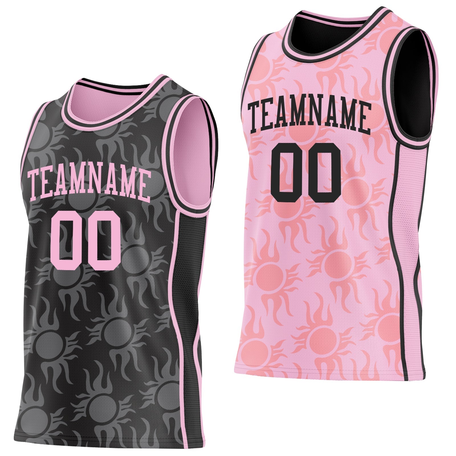Custom Black-Light Pink Side Panel Stripe Sun Flame Reversible Double Side Sublimation Basketball Set Jersey - Main View