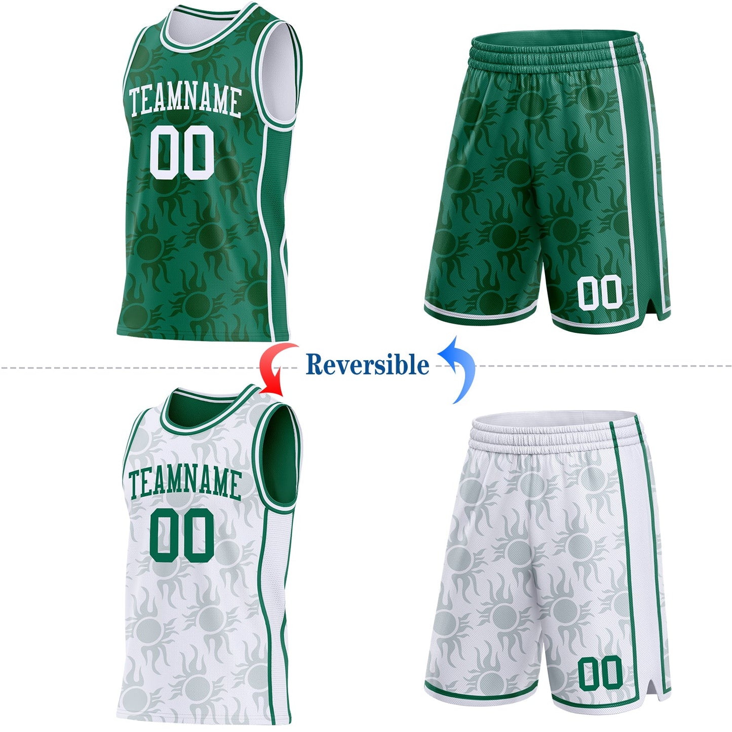 Custom Kelly Green-White Side Panel Stripe Sun Flame Reversible Double Side Sublimation Basketball Set Jersey view 2