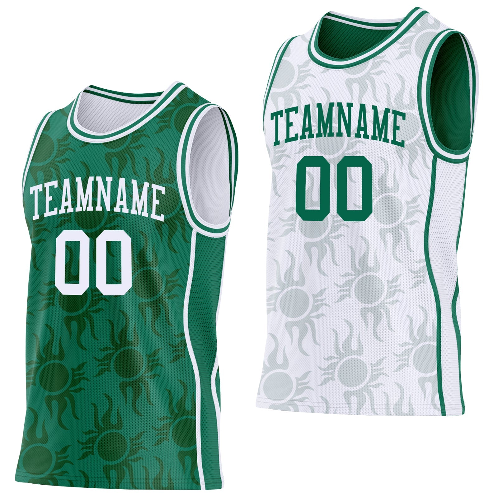 Custom Kelly Green-White Side Panel Stripe Sun Flame Reversible Double Side Sublimation Basketball Set Jersey - Main View