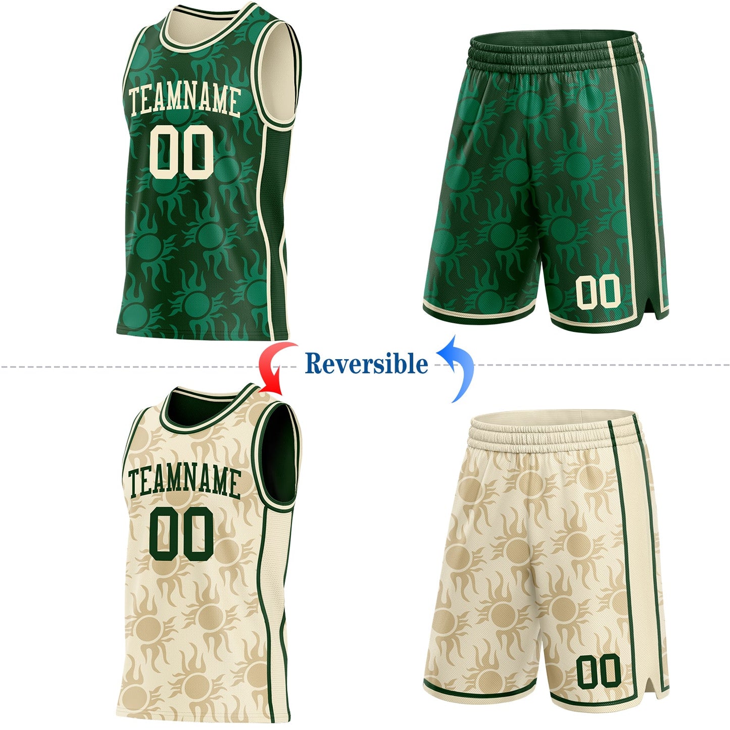 Custom Green-Cream Side Panel Stripe Sun Flame Reversible Double Side Sublimation Basketball Set Jersey view 2